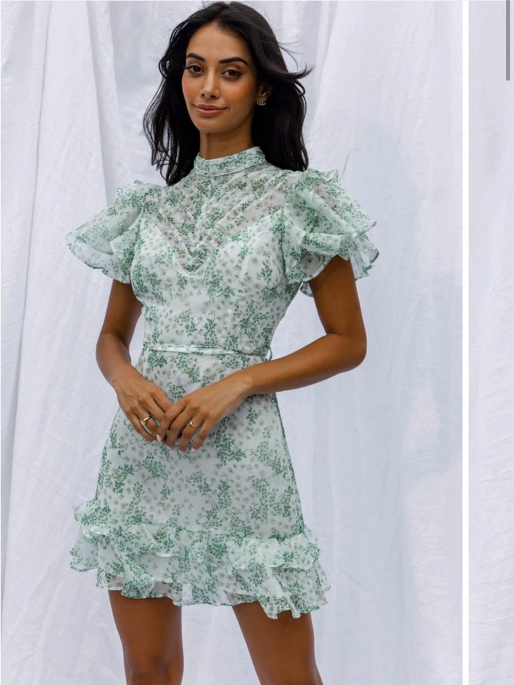 Selfie Leslie Light Green Floral Ruffle Mini Dress